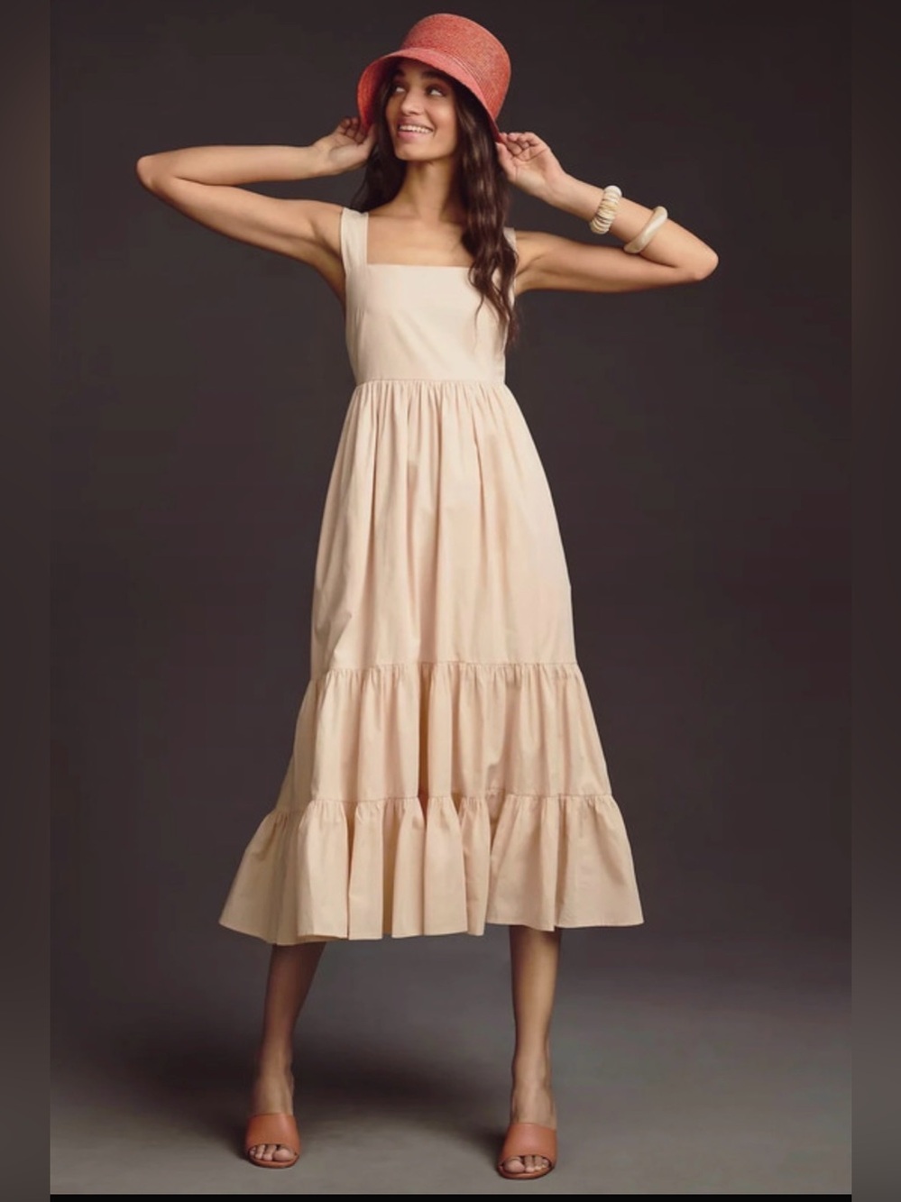 Anthropologie Pink Square Neck Tiered Cotton Midi Sun Dress Pockets Smocked M